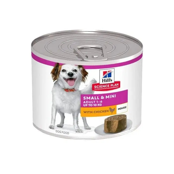Canned dog food for small breeds with chicken, designed for adult dogs aged 1-6 years.