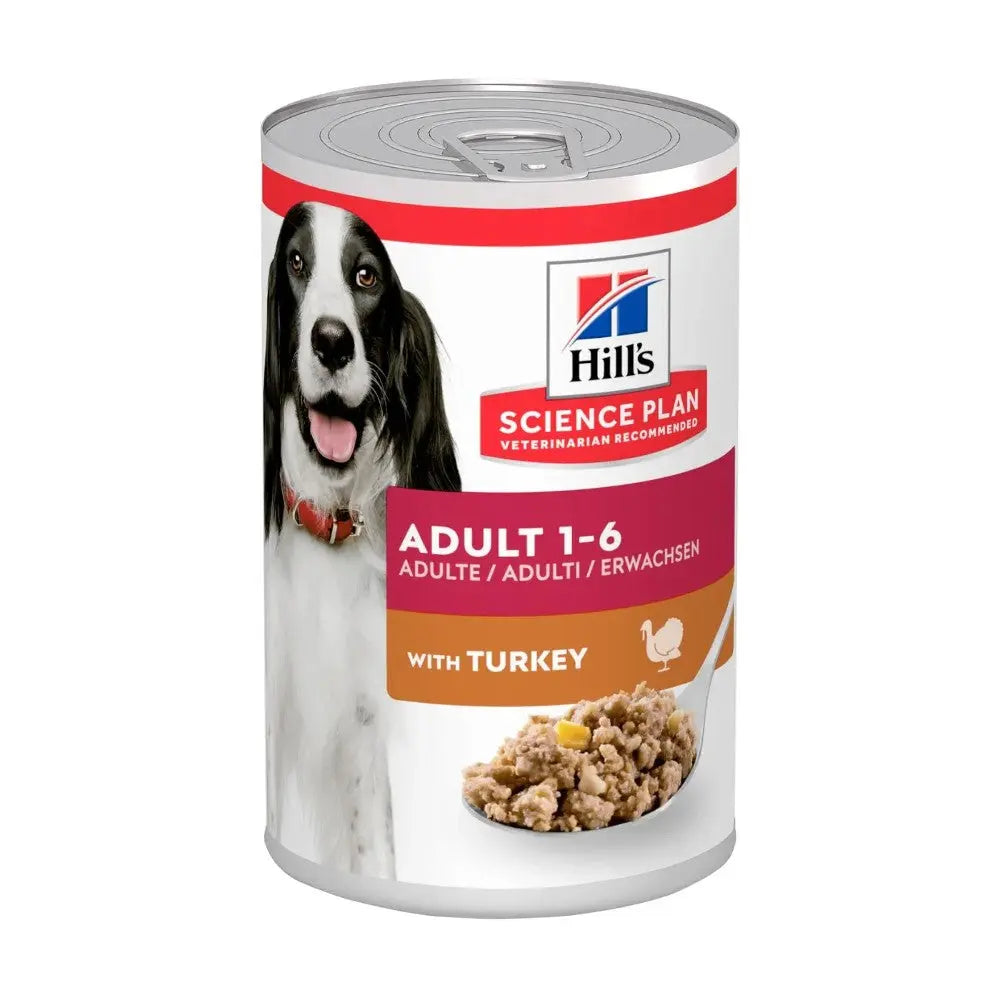 Canned dog food with turkey, designed for adult dogs, featuring a veterinarian-recommended formula.
