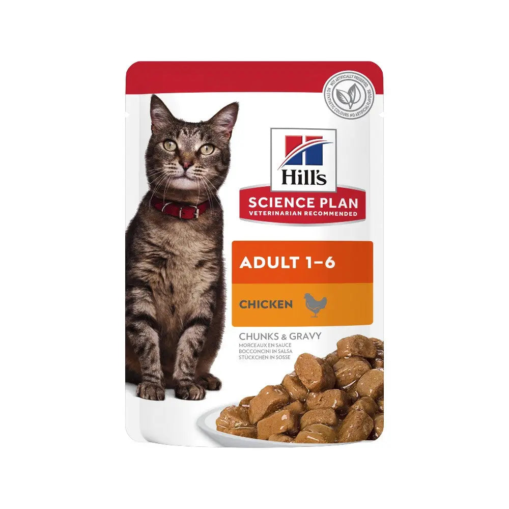Hill's Science Plan Adult 1-6 cat food pouch with chicken, chunks, and gravy for optimal feline nutrition.
