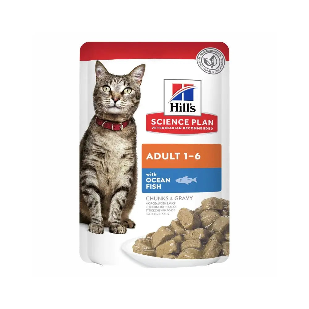 Hill's Science Plan adult cat food pouch with ocean fish, chunks in gravy, for healthy nutrition.