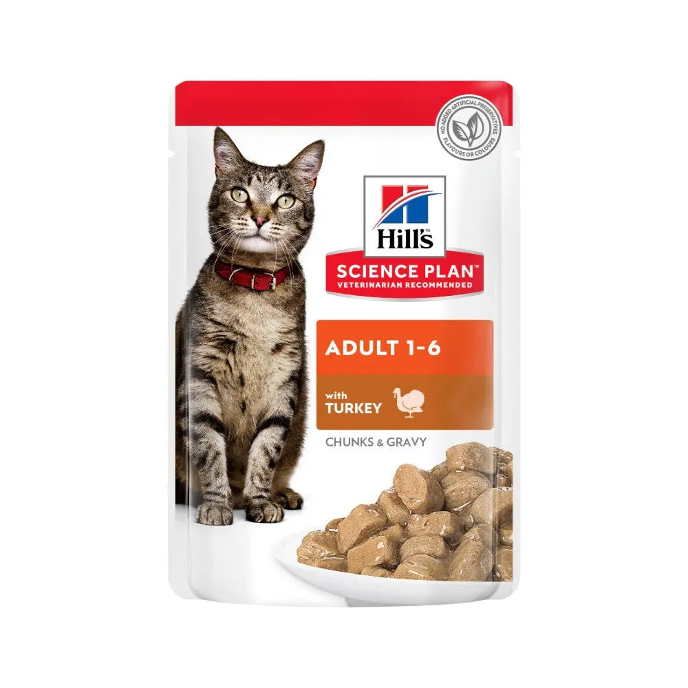 Hill's Science Plan adult cat food with turkey, chunks in gravy, veterinarian recommended for healthy nutrition.