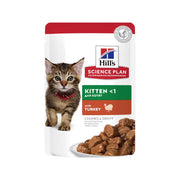 Hill's Science Plan kitten food pouch with turkey, featuring chunks in gravy for healthy growth.