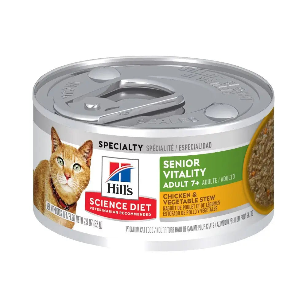 Hill's Science Diet Senior Vitality cat food can with chicken and vegetable ingredients for adult cats.