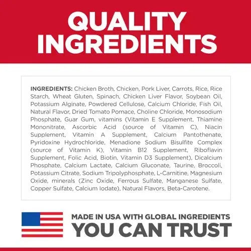 Quality ingredients list for pet food, highlighting chicken, vitamins, and minerals for optimal nutrition.