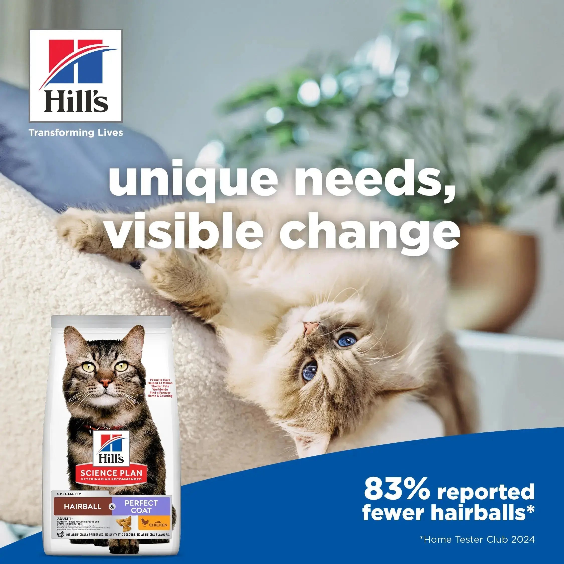 Cat enjoying Hill's Science Plan hairball control food for fewer hairballs and visible health improvements.