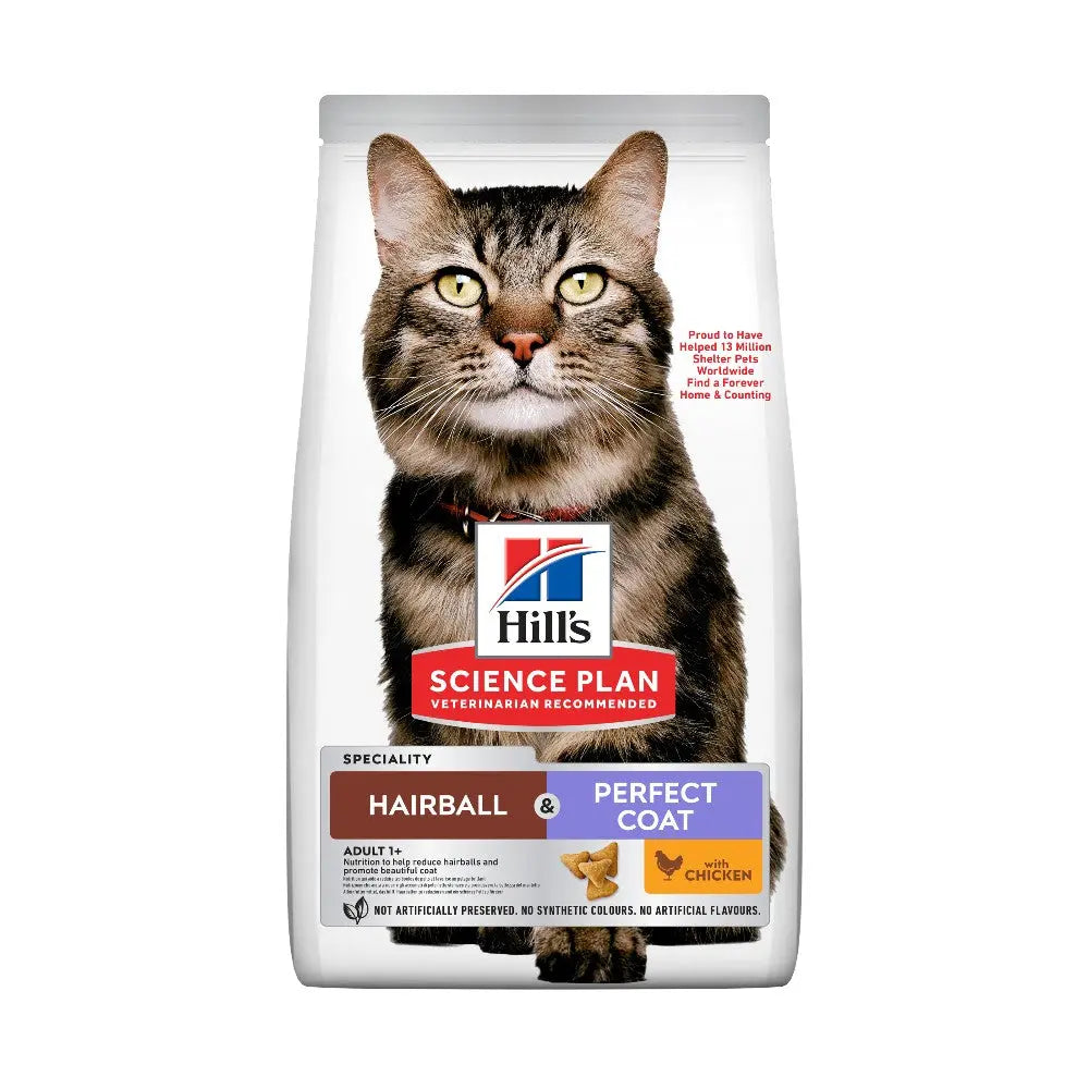Hill's Science Plan cat food bag for hairball control and perfect coat with chicken flavor.