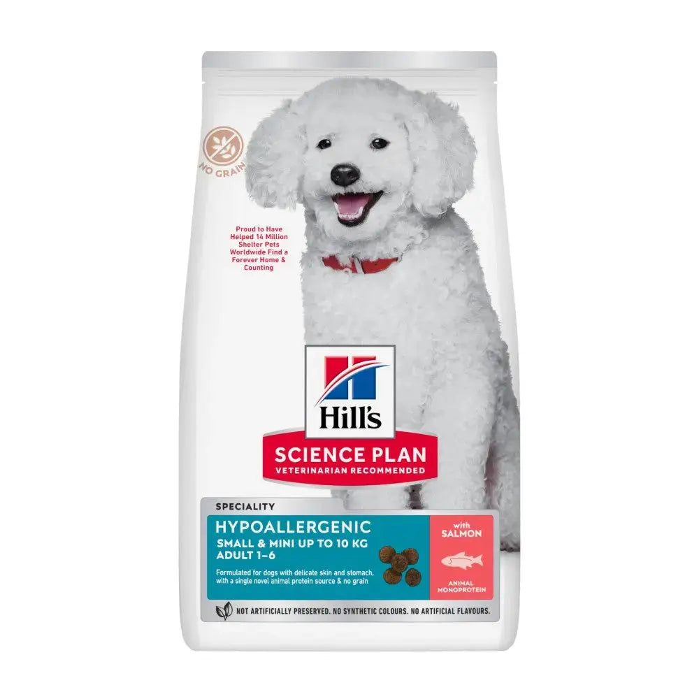 Hill's Science Plan Hypoallergenic dog food for small breeds with salmon, 10 kg bag, veterinary recommended.