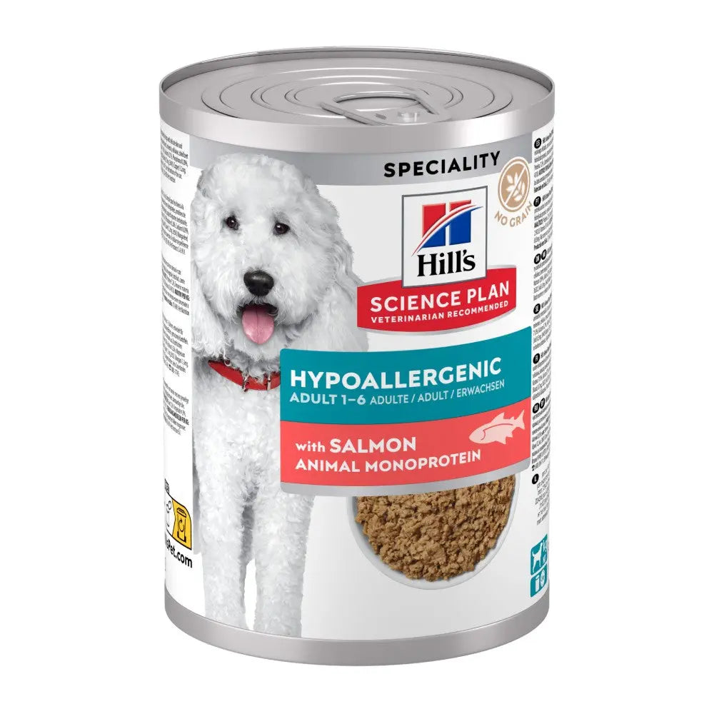 Hypoallergenic dog food can with salmon, ideal for adult dogs, featuring a veterinarian-recommended formula.