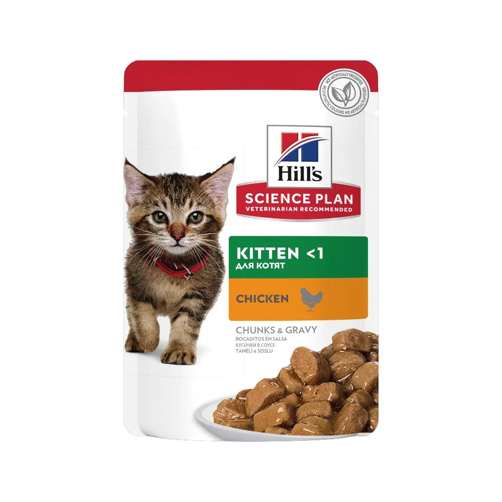 Hill's Science Plan kitten food pouch with chicken, featuring chunks in gravy for healthy growth.