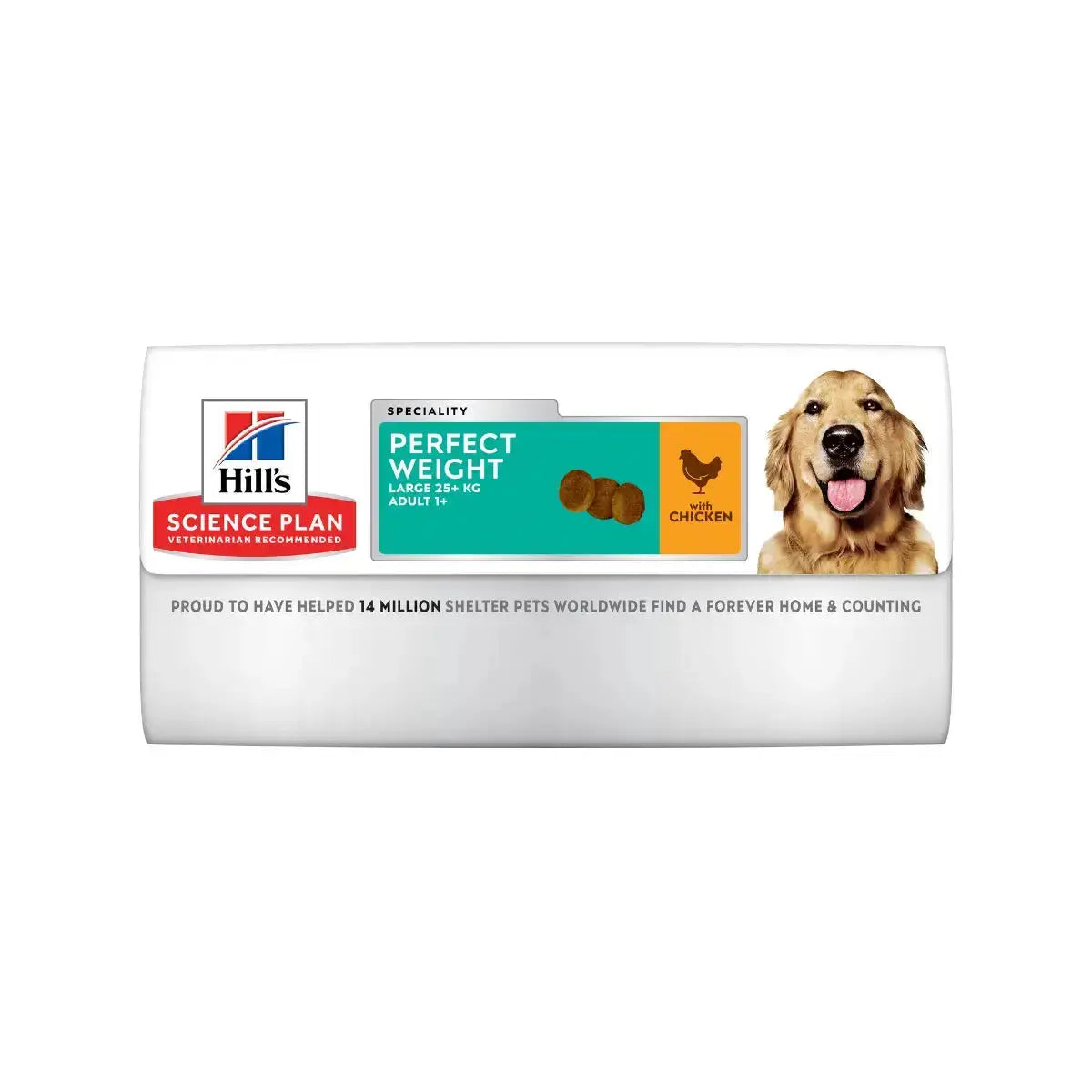 Hill's Science Plan Perfect Weight dog food packaging with chicken for adult large breeds.