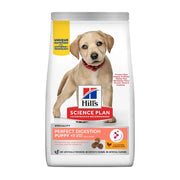 Hill's Science Plan Perfect Digestion puppy food bag with a playful puppy on the front, promoting healthy growth.