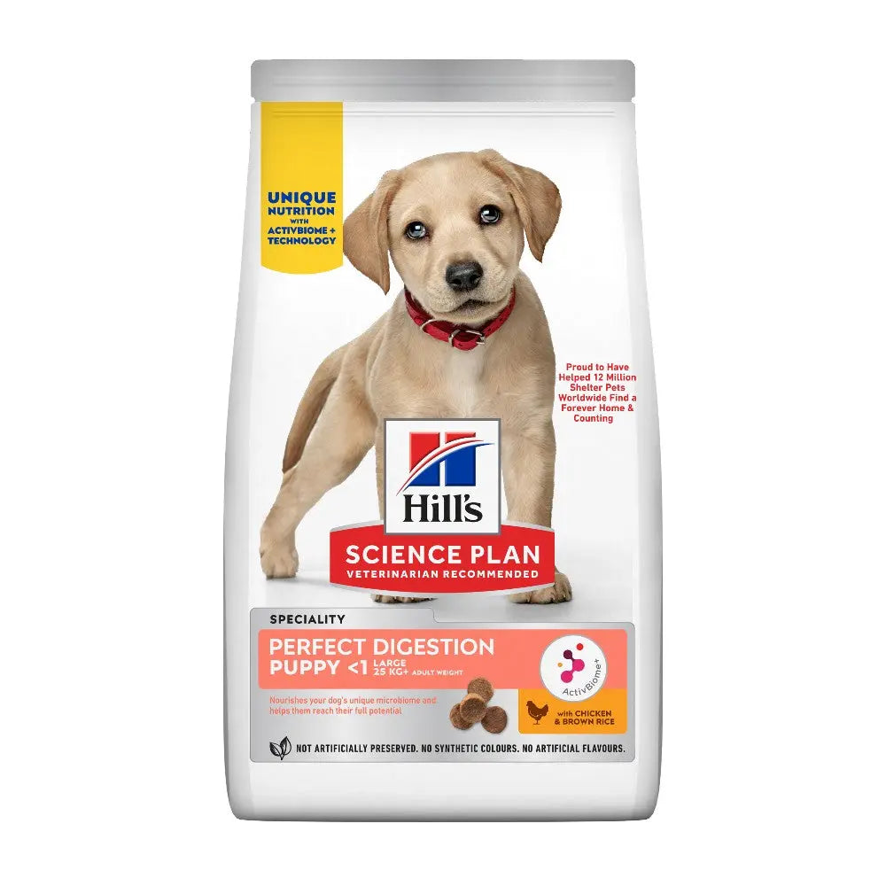 Hill's Science Plan Perfect Digestion puppy food bag with a playful puppy on the front, promoting healthy growth.