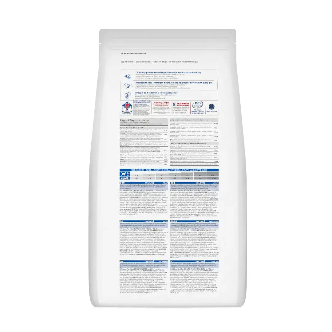Dog food packaging with detailed nutritional information and feeding guidelines on the back.