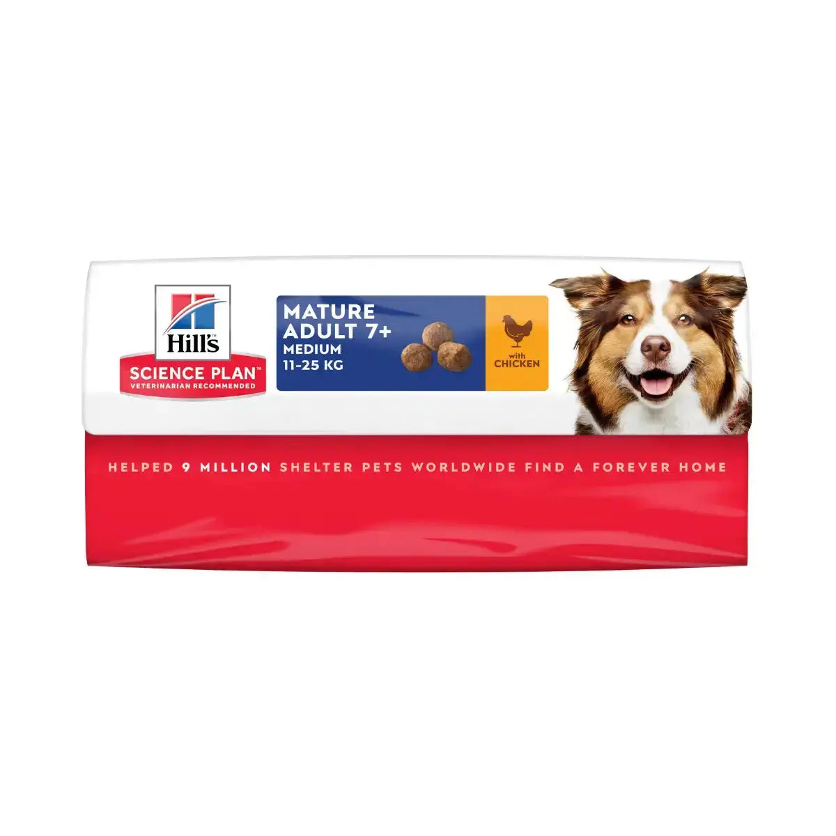 Hill's Science Plan Mature Adult dog food packaging with chicken, designed for medium dogs aged 7 and up.
