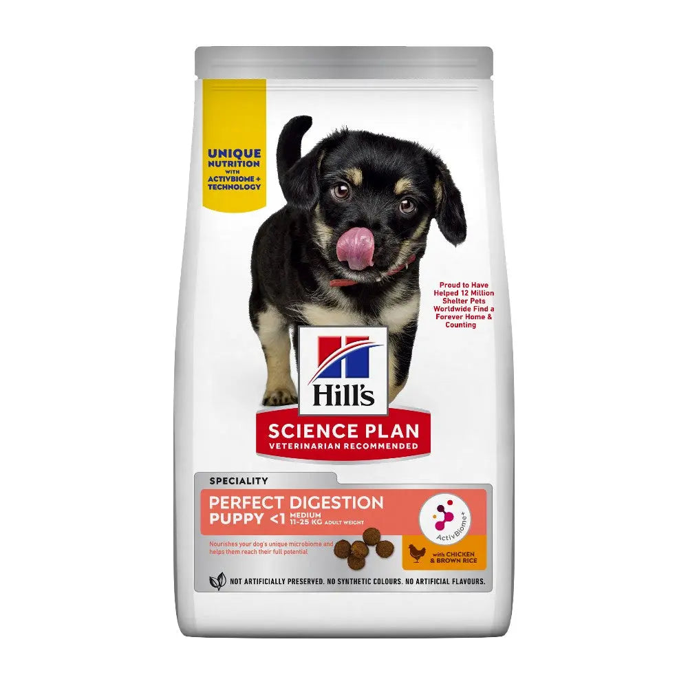 Hill's Science Plan Perfect Digestion puppy food bag with a playful puppy image and nutritional information.