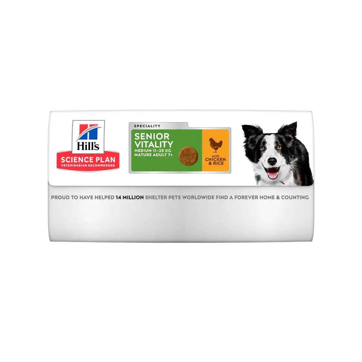 Hill's Science Plan Senior Vitality dog food packaging with chicken and rice for healthy aging.