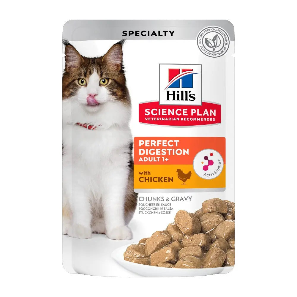 Hill's Science Plan Perfect Digestion cat food pouch with chicken, chunks in gravy for adult cats.