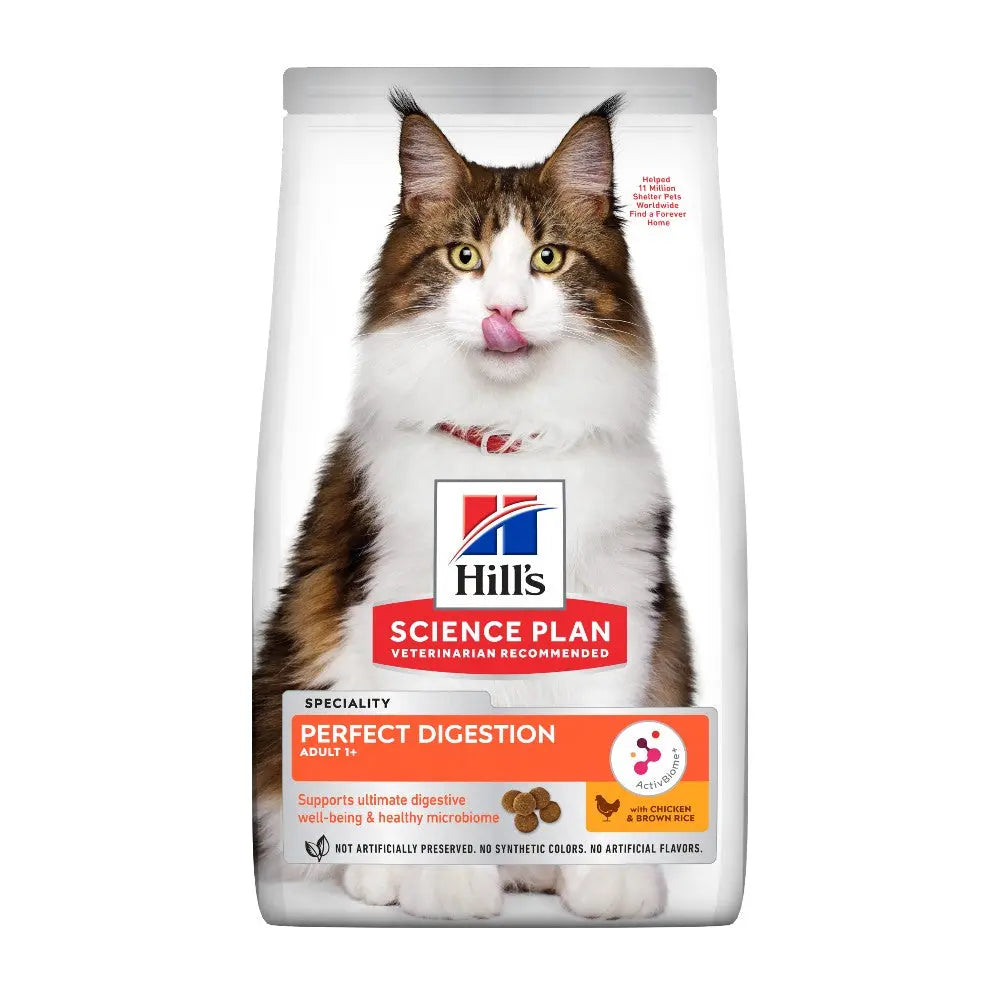 Hill's Science Plan cat food bag for perfect digestion, featuring a healthy microbiome and natural ingredients.