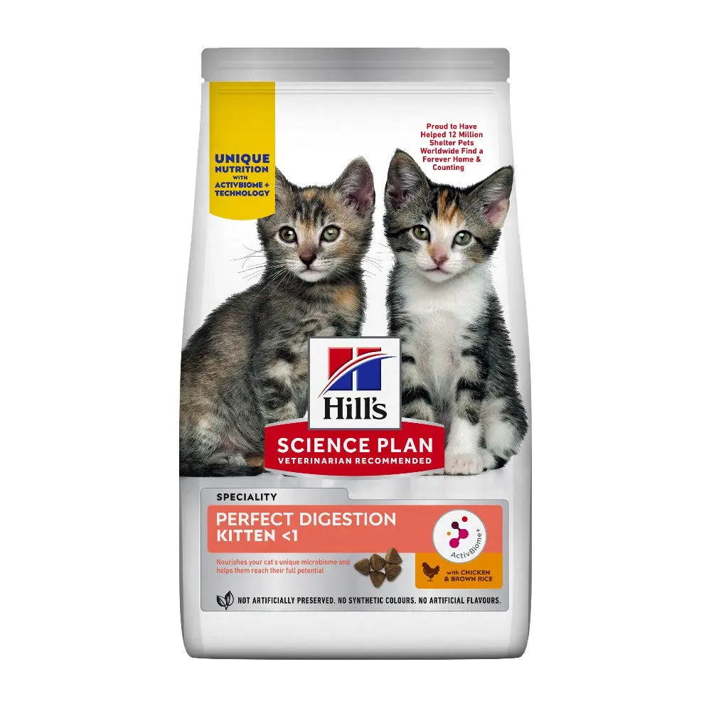 Hill's Science Plan Perfect Digestion kitten food bag featuring two playful kittens on the packaging.
