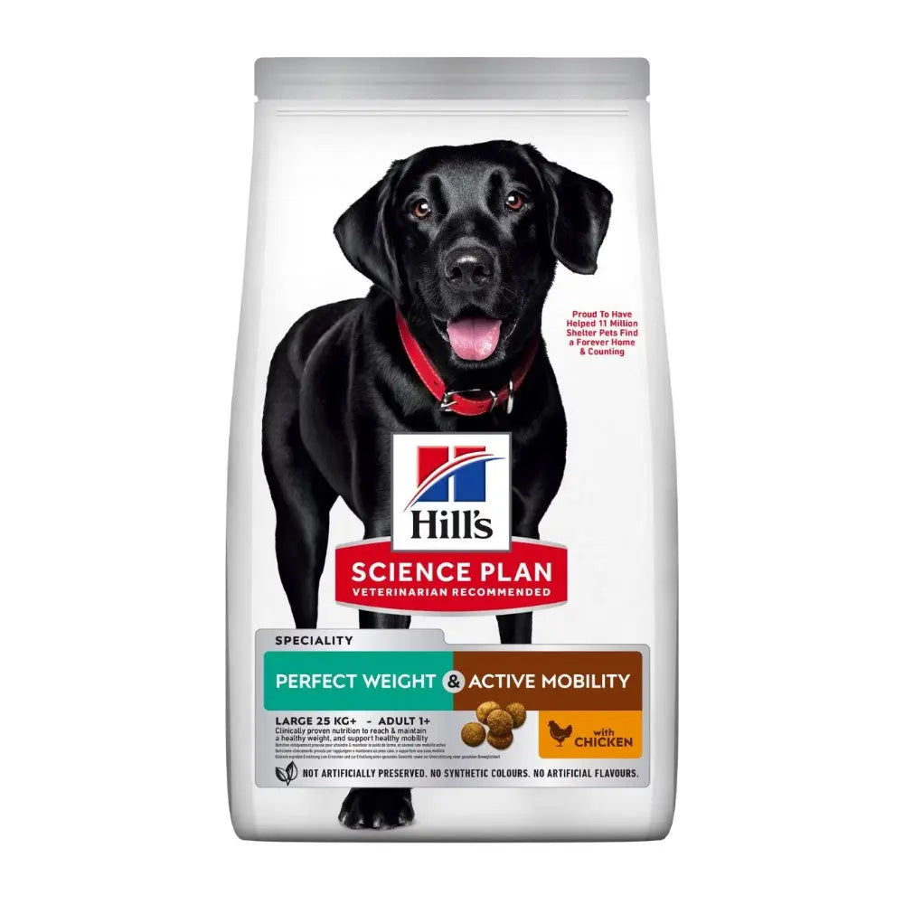 Hill's Science Plan dog food bag for large adult dogs, promoting perfect weight and active mobility with chicken.