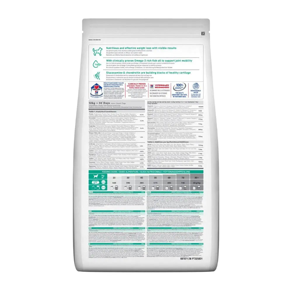 Nutritious dog food bag with feeding guide and ingredients for healthy weight management and joint support.