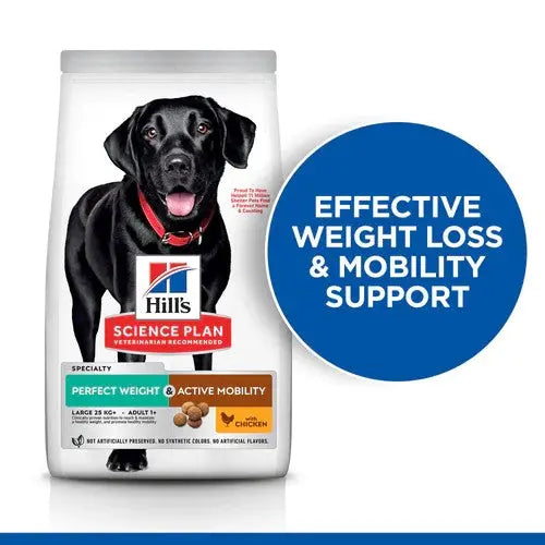 Hill's Science Plan dog food bag for weight loss and mobility support, featuring a black Labrador.