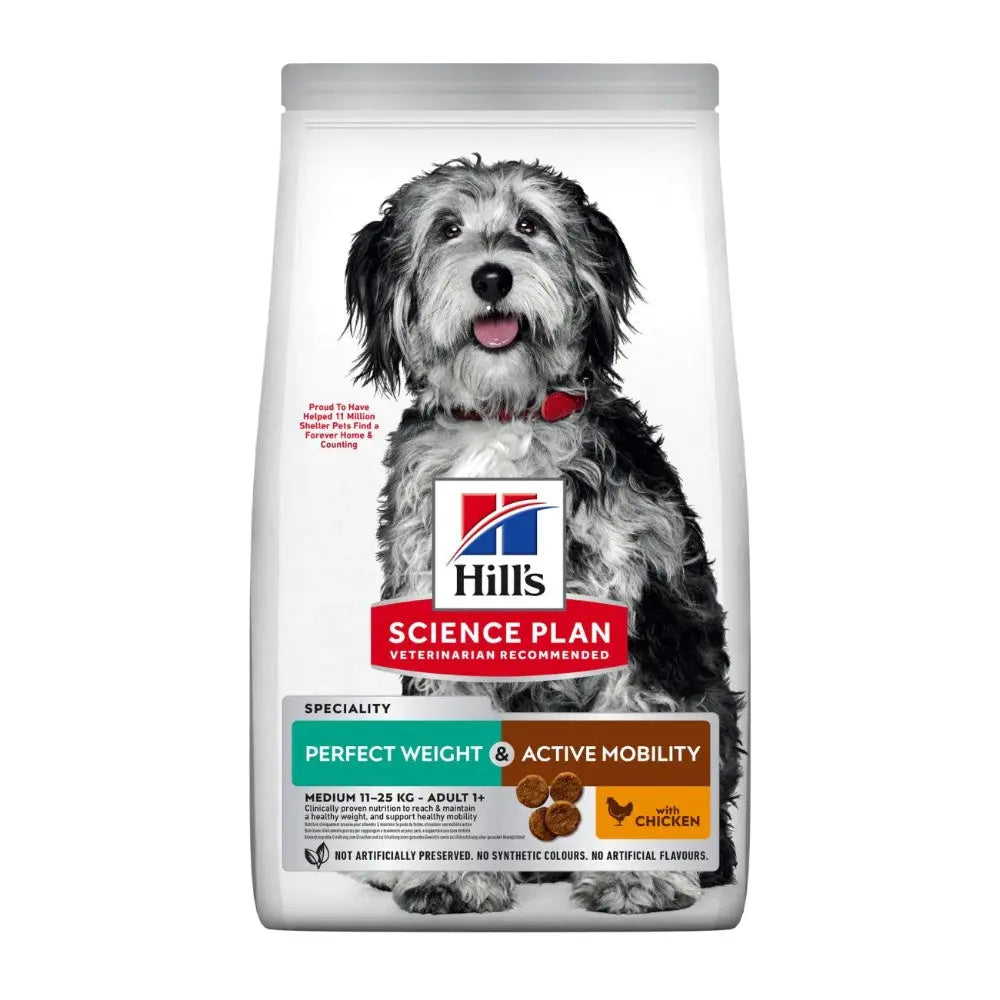 Hill's Science Plan dog food bag for medium dogs, promoting perfect weight and active mobility with chicken.