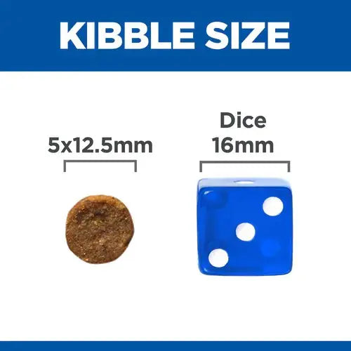 Kibble size comparison: pet food piece next to a 16mm blue dice for scale.