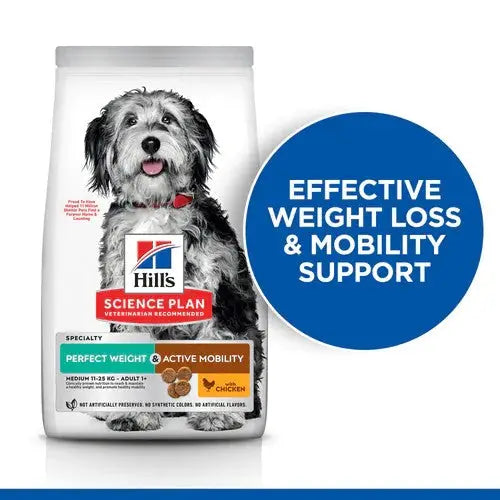 Hill's Science Plan dog food bag for weight loss and mobility support with chicken flavor.
