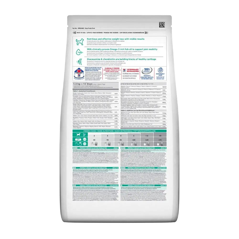 Weight management dog food bag with nutritional information and feeding guidelines.