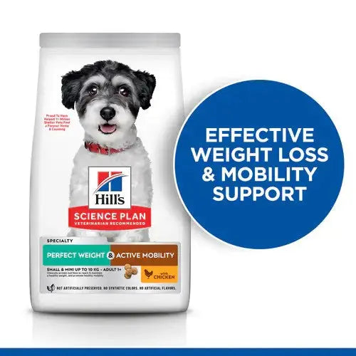 Hill's Science Plan dog food for effective weight loss and mobility support, featuring chicken for adult dogs.