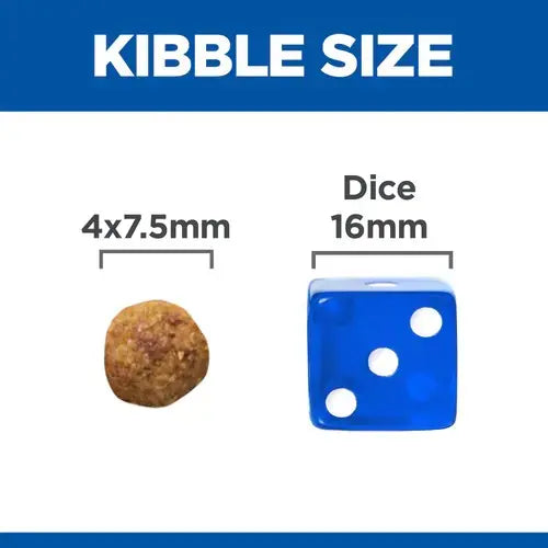Kibble size comparison with a pet food piece next to a 16mm die for scale.