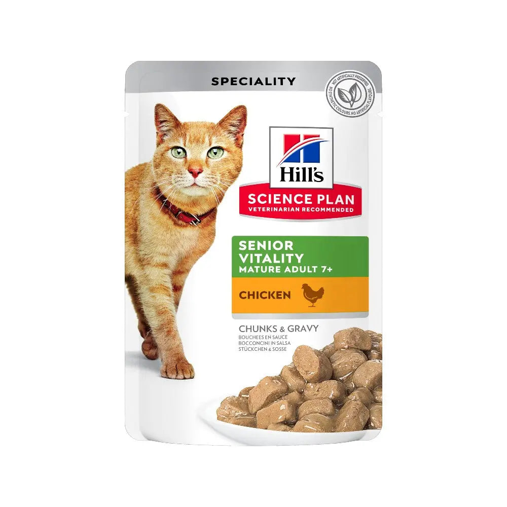 Hill's Science Plan Senior Vitality cat food pouch with chicken, designed for mature adult cats 7+.