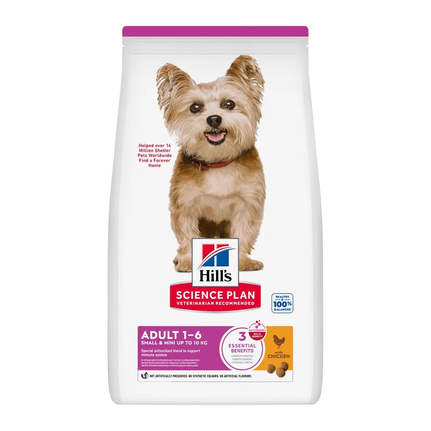 Hill's Science Plan Small and Mini Adult dry dog food with chicken, new ActivBiome+ bag front