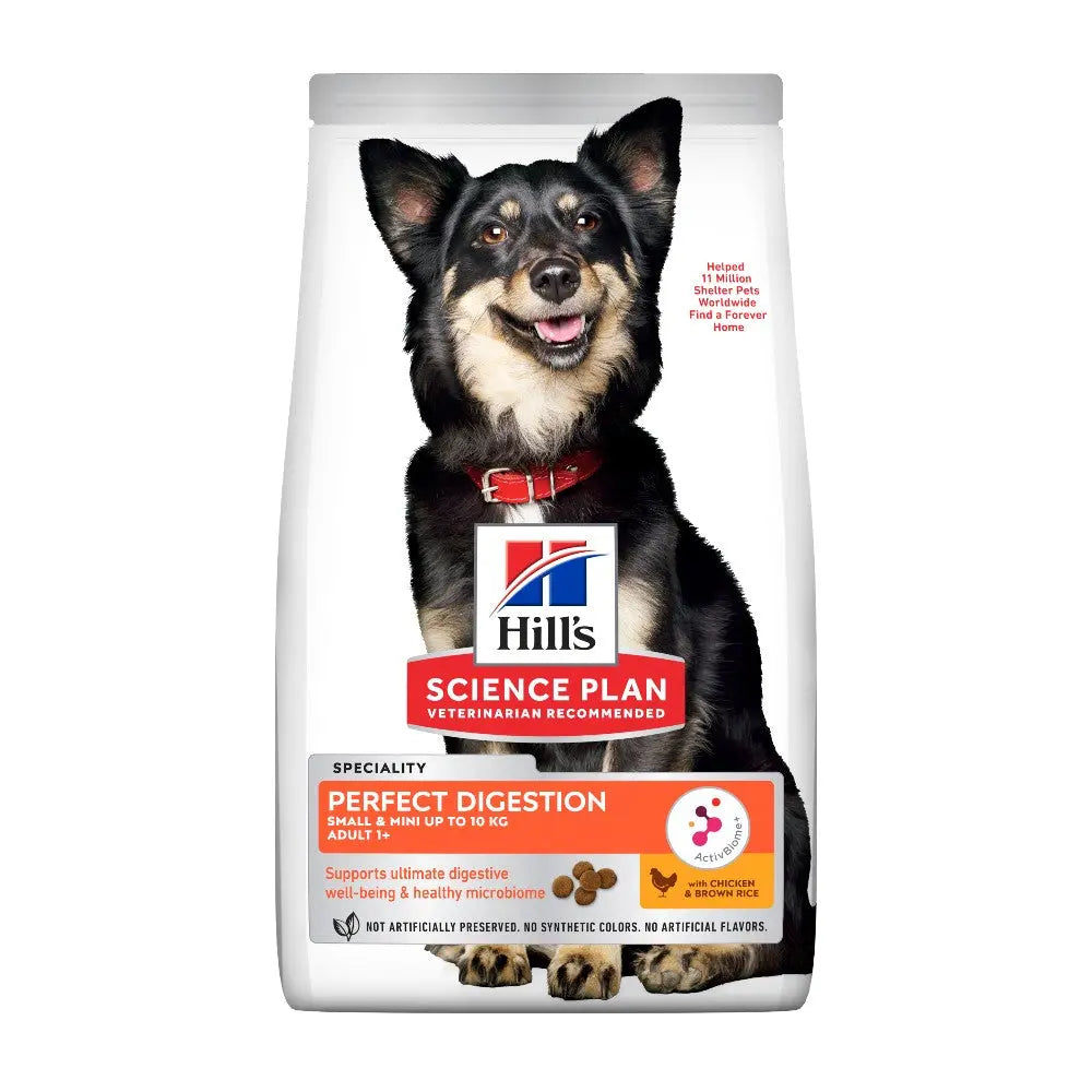 Hill's Science Plan dog food bag for perfect digestion, supporting digestive health in adult dogs up to 10 kg.