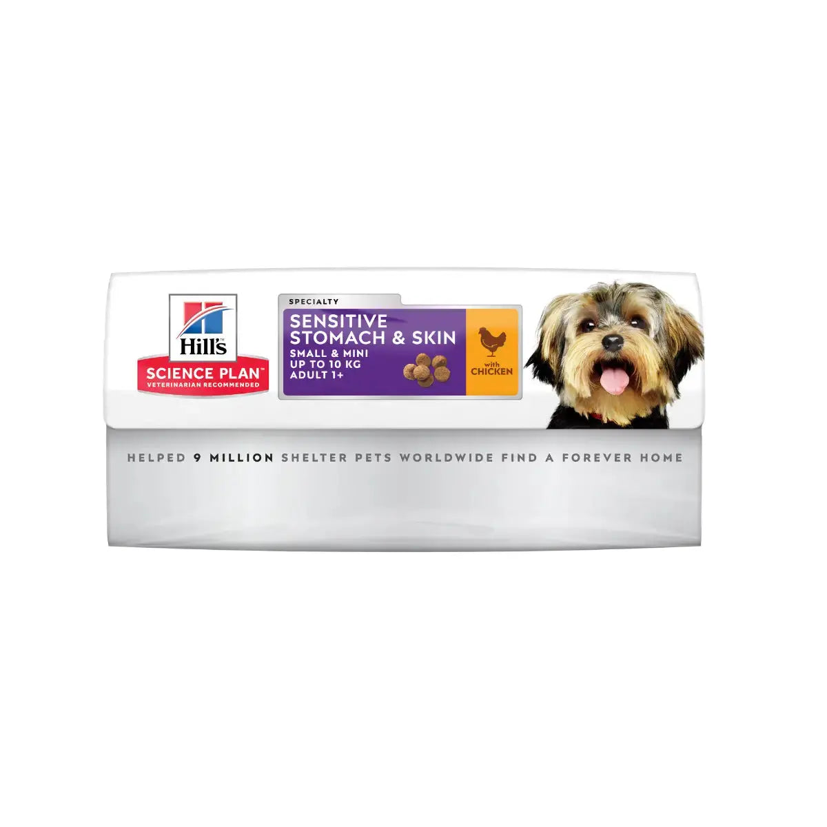 Hill's Science Plan Sensitive Stomach & Skin dog food for small breeds, featuring chicken and tailored nutrition.