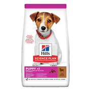 Hill's Science Plan Puppy food bag for small breeds, featuring lamb and rice ingredients.