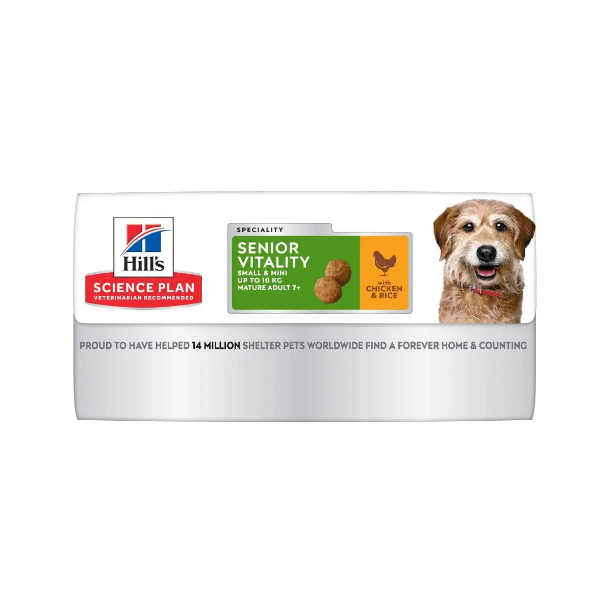 Hill's Science Plan Senior Vitality dog food packaging with chicken and rice for mature adults.