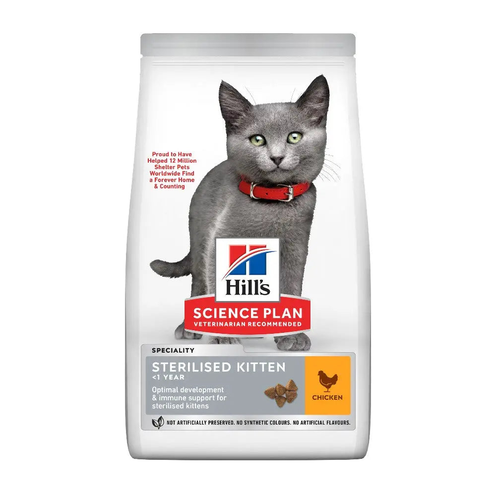 Hill's Science Plan Sterilised Kitten food bag with chicken, designed for optimal development under one year.