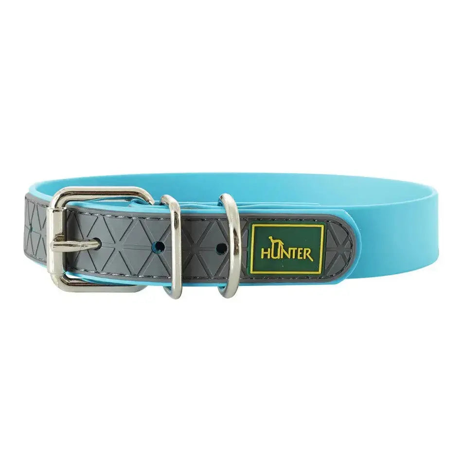 Durable blue dog collar with a stylish gray pattern and metal buckle for secure fastening.