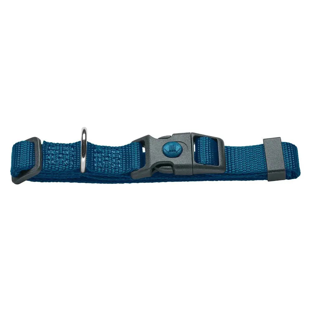 Durable blue pet collar with adjustable buckle and metal D-ring for leash attachment.