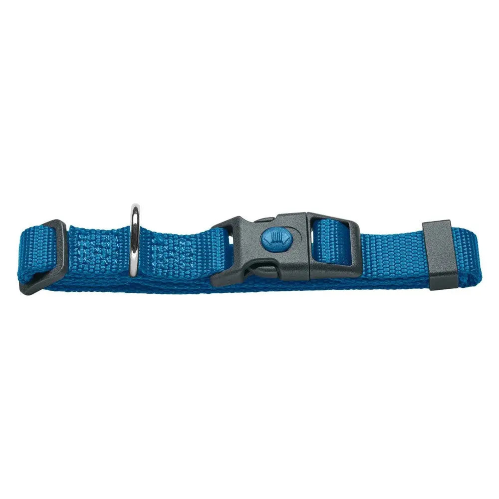 Blue adjustable pet collar with durable buckle and metal D-ring for leash attachment.