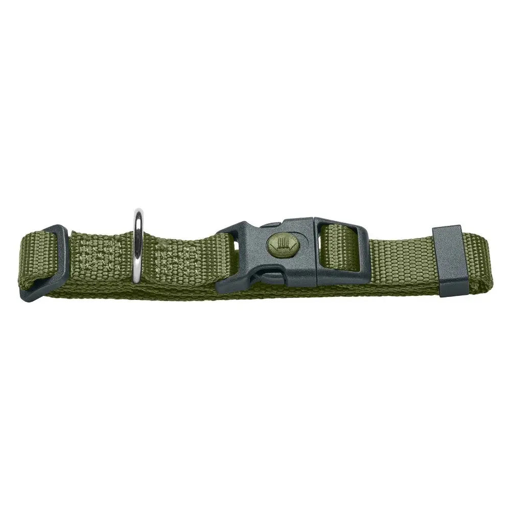 Durable green nylon strap with adjustable buckle and metal ring for secure fastening.