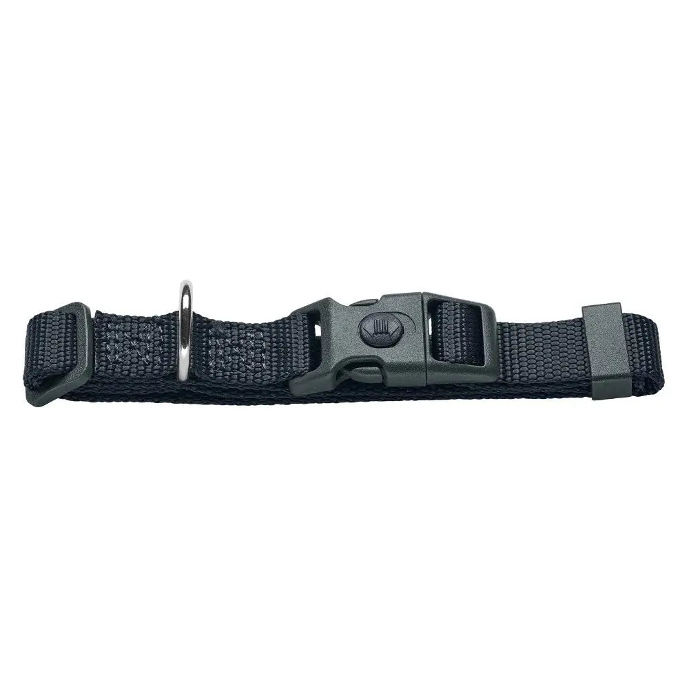 Durable black nylon strap with adjustable buckle and metal ring for secure fastening.