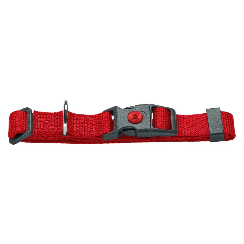 Red adjustable pet collar with a secure buckle and metal D-ring for leash attachment.