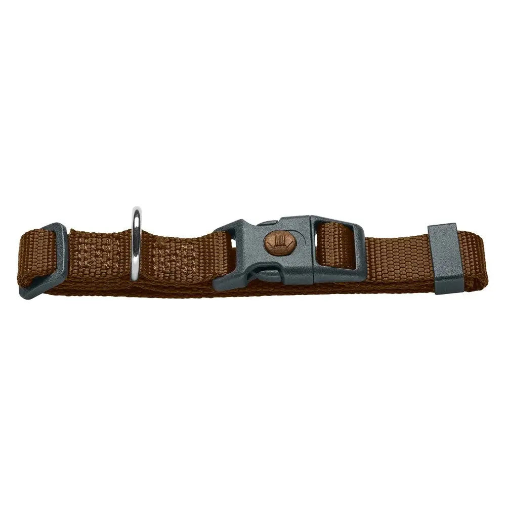 Adjustable brown pet collar with durable buckle and metal D-ring for leash attachment.