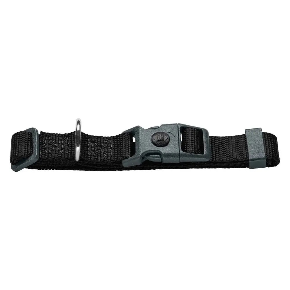 Adjustable black nylon strap with a secure buckle and metal ring for versatile use.