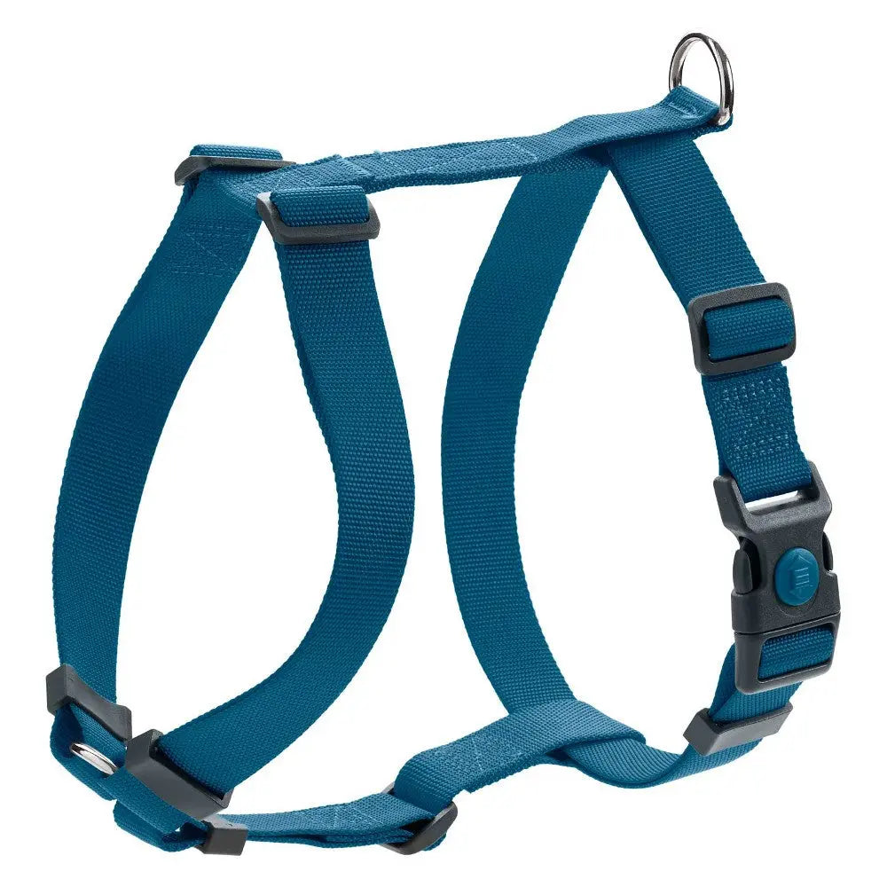 Blue dog harness with adjustable straps and sturdy clips for secure and comfortable pet walking.