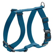 Blue dog harness with adjustable straps and sturdy clips for secure and comfortable pet walking.