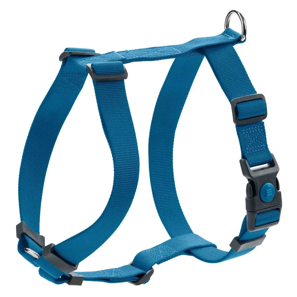 Blue dog harness with adjustable straps and sturdy clips for secure and comfortable fit.